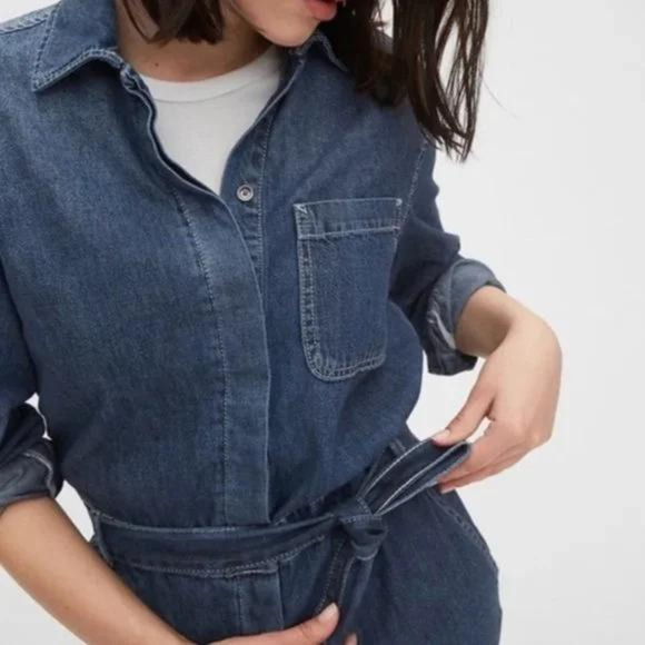 Gap Blue Utility Jumpsuit Denim Carwash Romper Medium Wash Size 2 Wide Leg - Picture 2 of 10